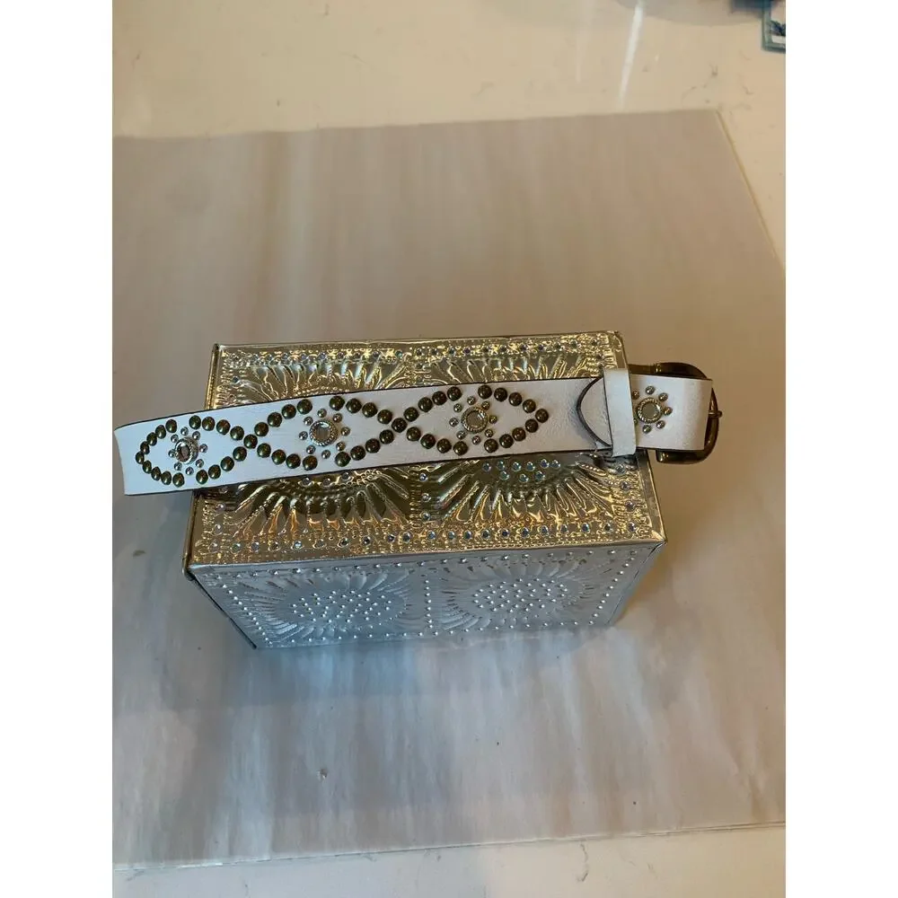 Womens White Studded Belt Faux Leather Rhinestone Stars Glamorous Cowgirl Flaw